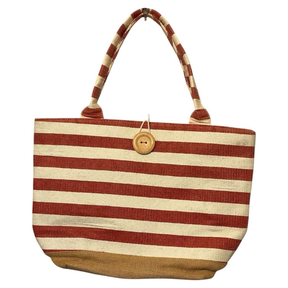 Red & White Striped 100% Paper Straw Jute Tote Bag